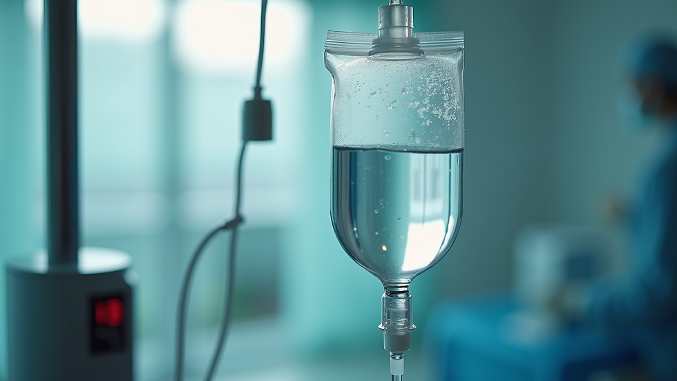 Close-up view of IV drip bag with clear fluid
