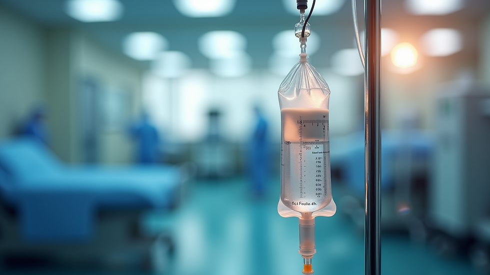 Close-up view of IV drip bag hanging on a stand during infusion