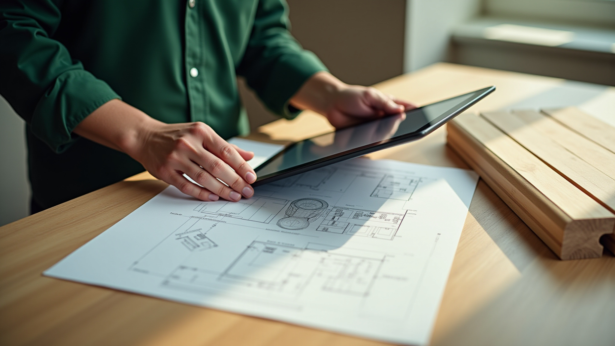 Person håller surfplatta över byggnadsritningar på träbord i solljus.