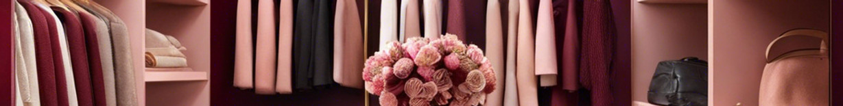 a chic closet with accent colors of burgundy, taupe, and light pink, with a mix of textures