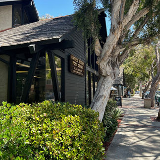 An A-frame building next to a sidewalk and large tree.