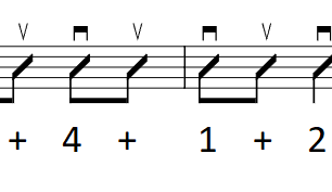 Sheet music showing Strumming Pattern 3, an eighth-note down-up strumming pattern in 4/4 time with one strum omitted. The subdivision “1 & 2 3 & 4 &” is written underneath the music, with downstroke and upstroke directions indicated above the notes.