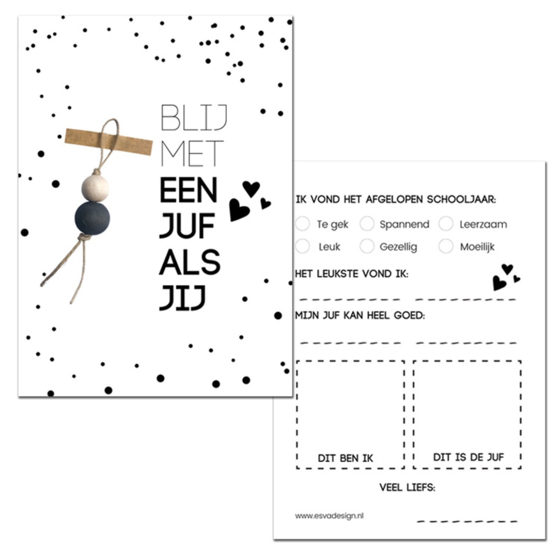 Kaartje juf met gelukspoppetje Wit of zwart