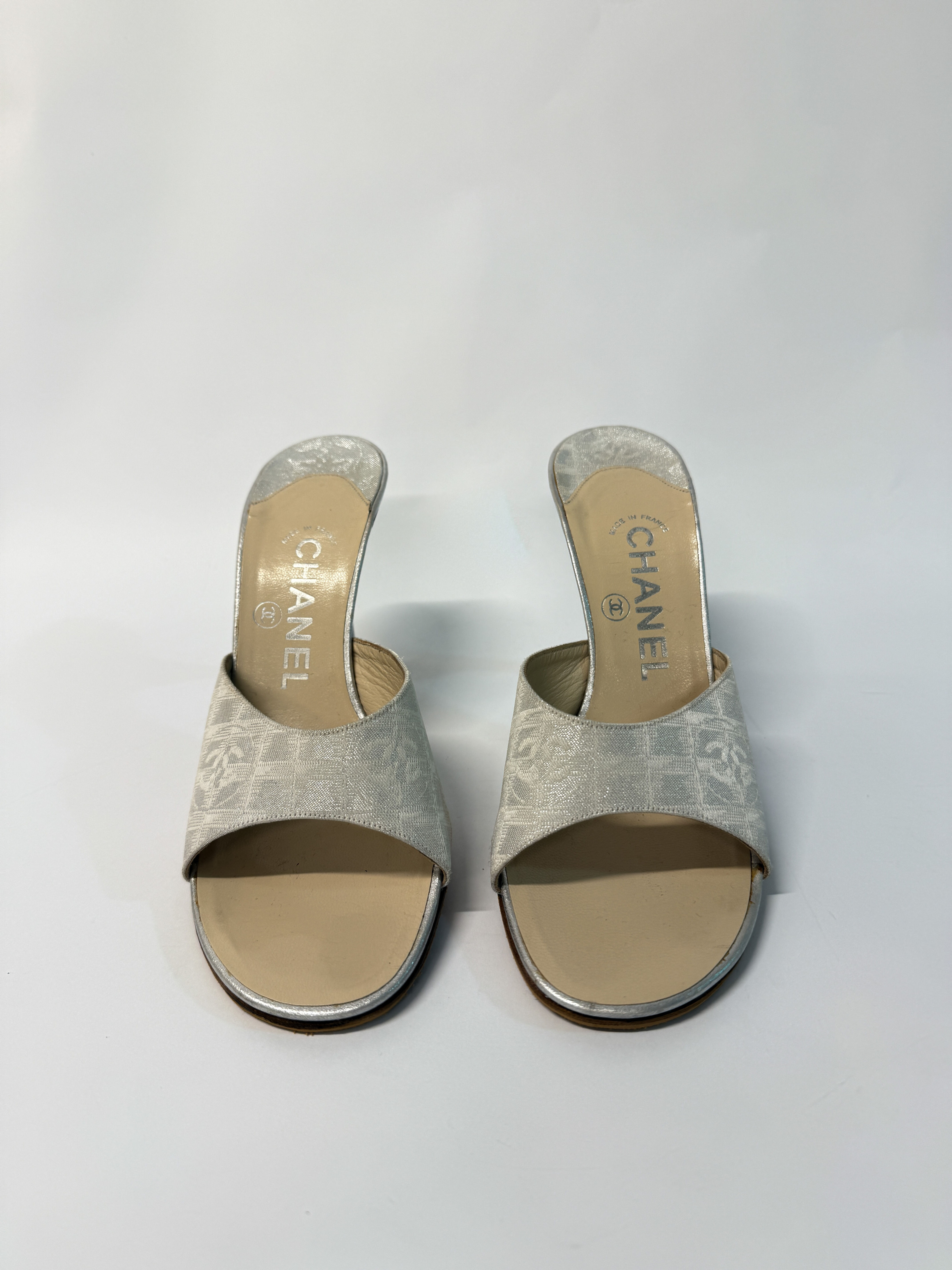 CHANEL SILVER TRAVEL LINE MULES  37