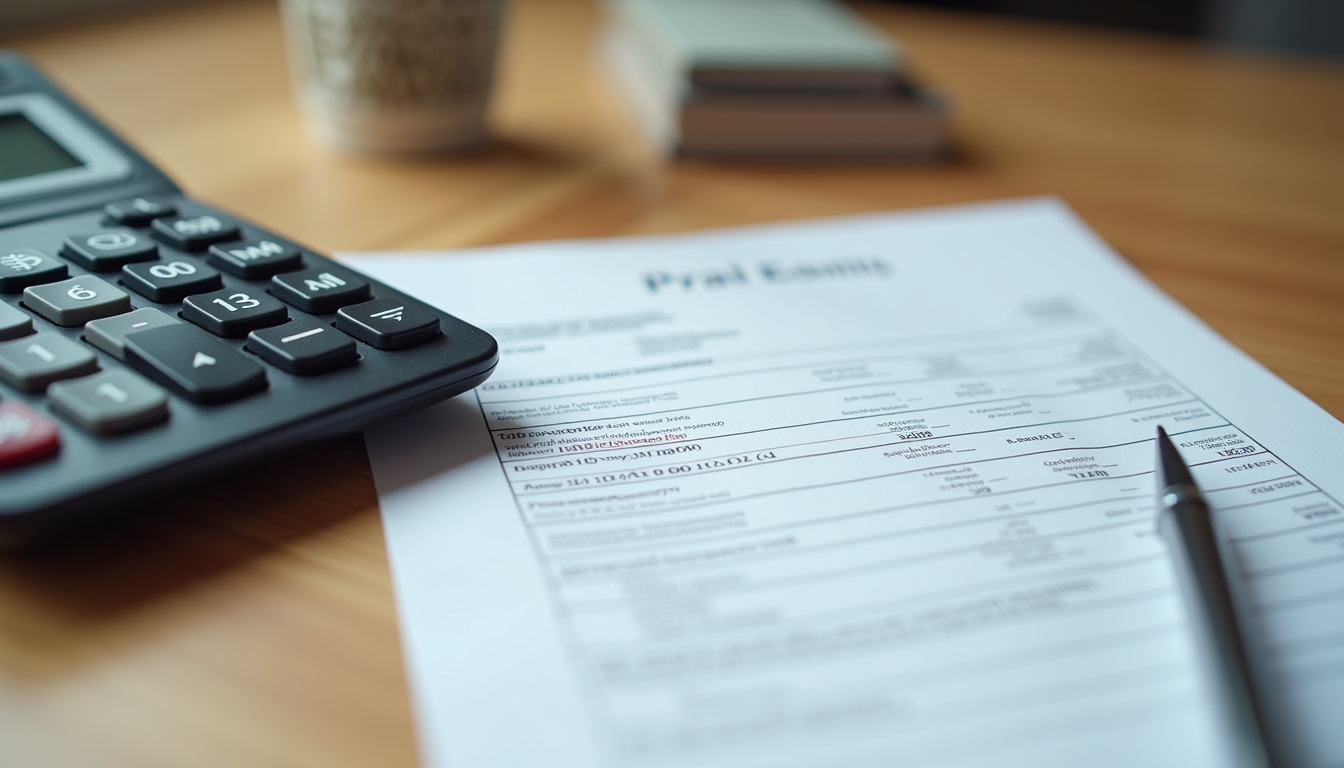 Eye-level view of a person reviewing financial documents at a desk