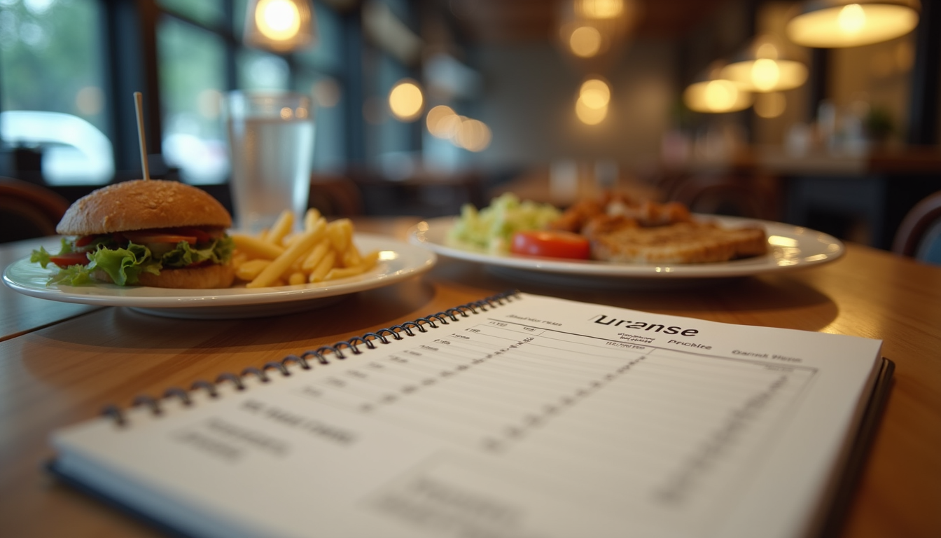 Eye-level view of a restaurant table set with business lunch items and a notebook