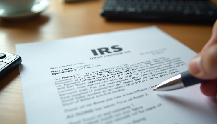 Eye-level view of an IRS notice letter on a wooden desk