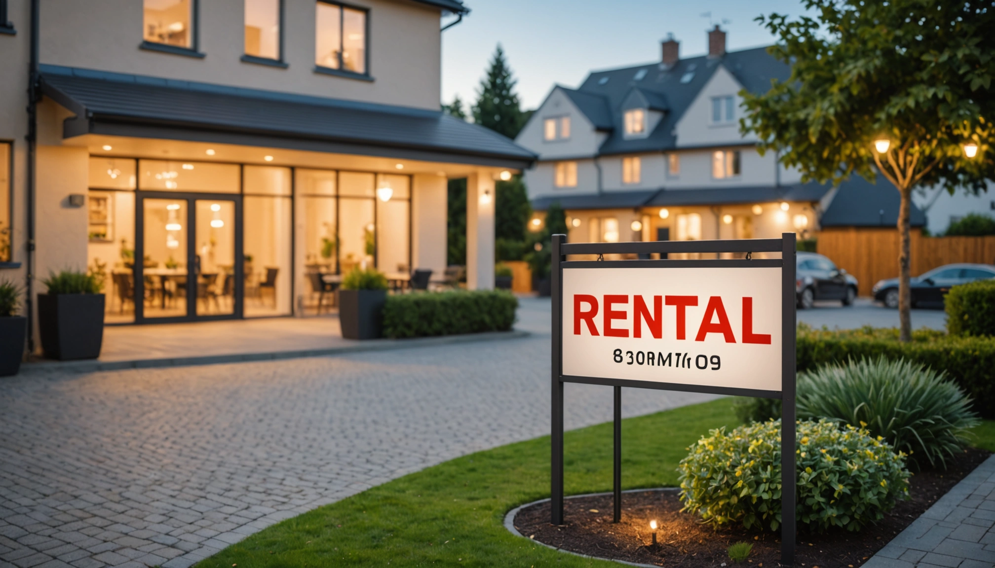 Eye-level view of a welcoming outdoor area with a rental sign