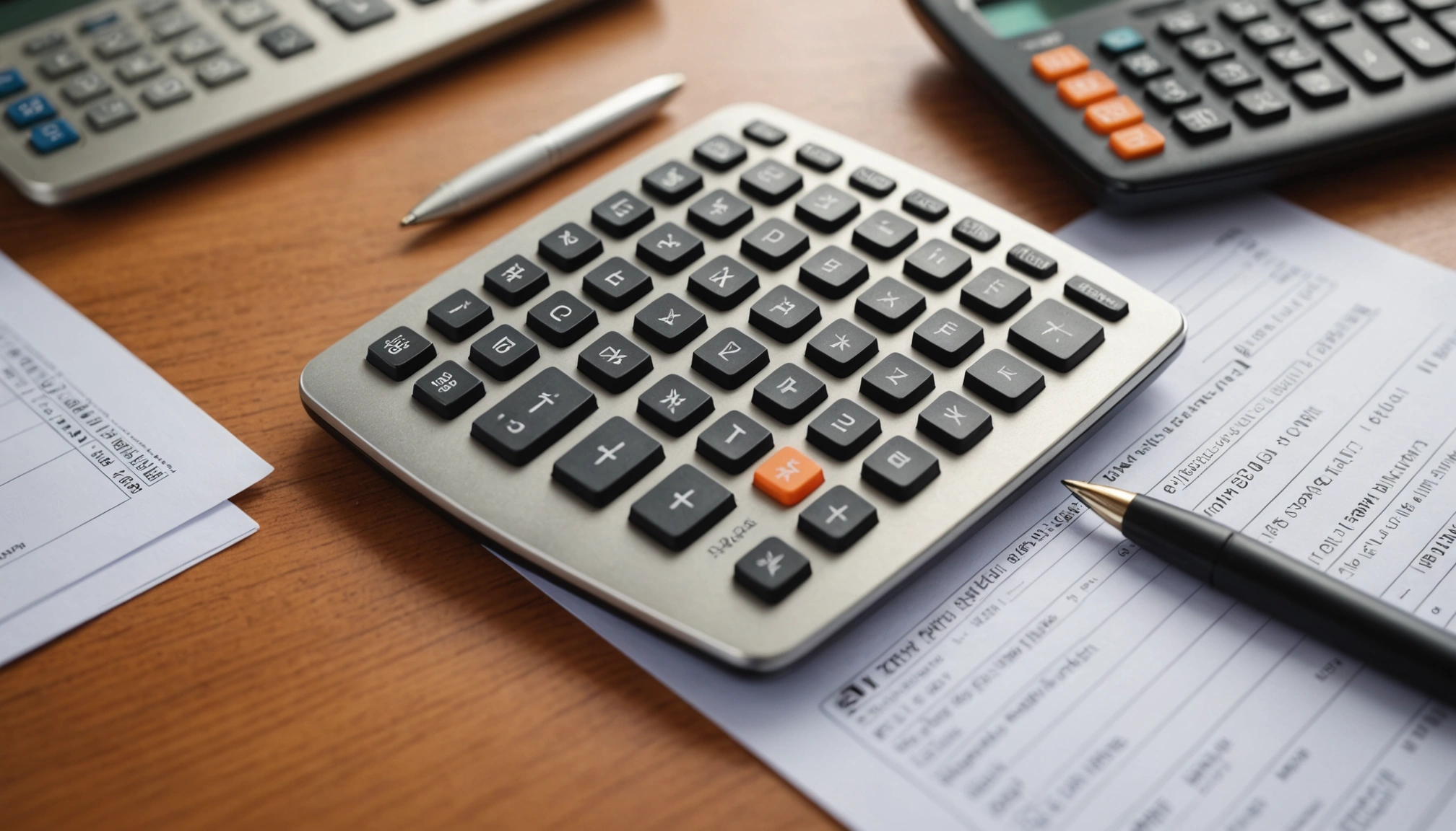 Close-up view of a calculator and tax forms on a desk