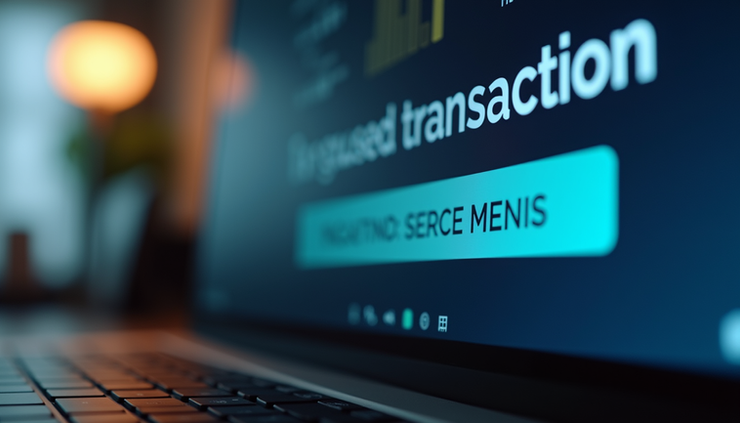 Close-up view of a computer screen showing a paused transaction notification