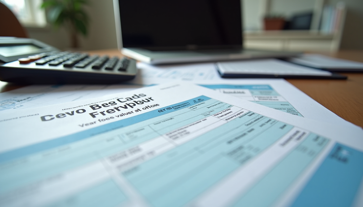 Eye-level view of a cluttered desk with tax forms, calculator, and a laptop