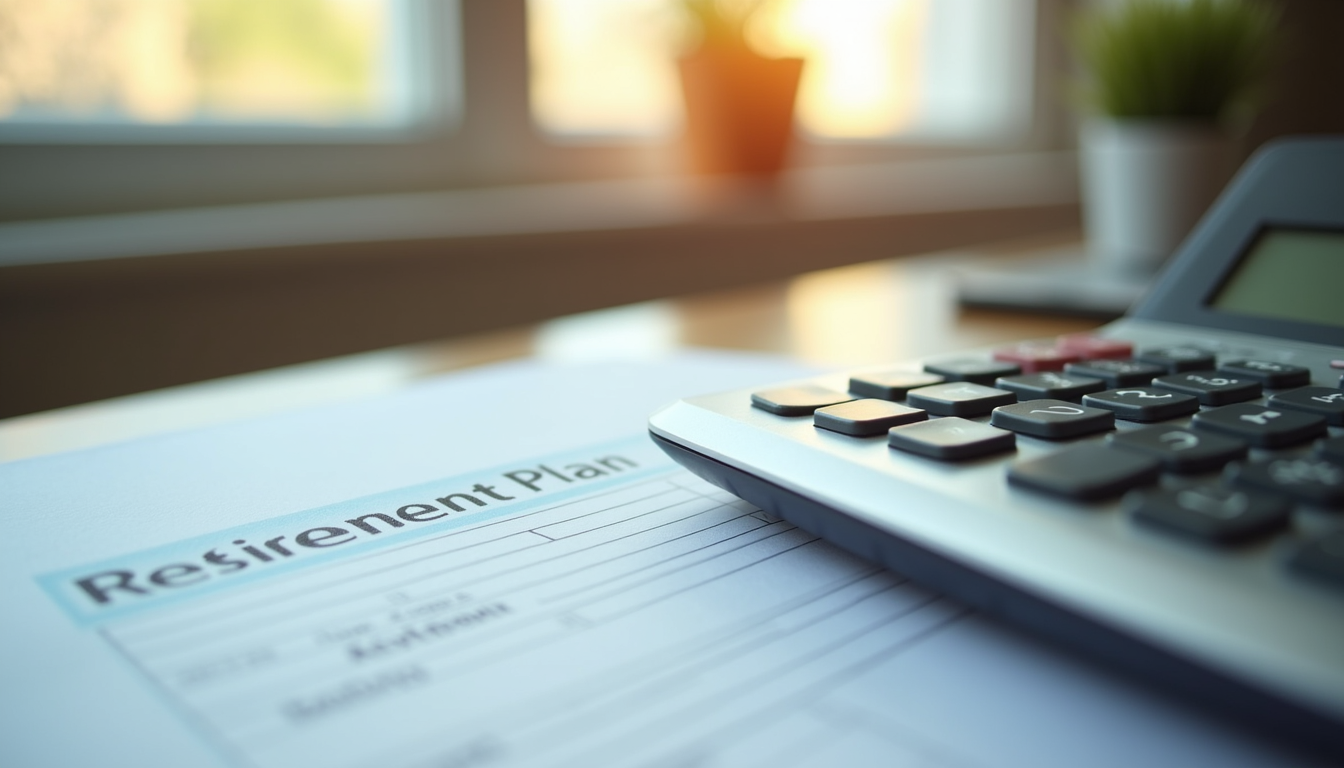 Close-up view of a calculator and retirement plan documents on a wooden desk