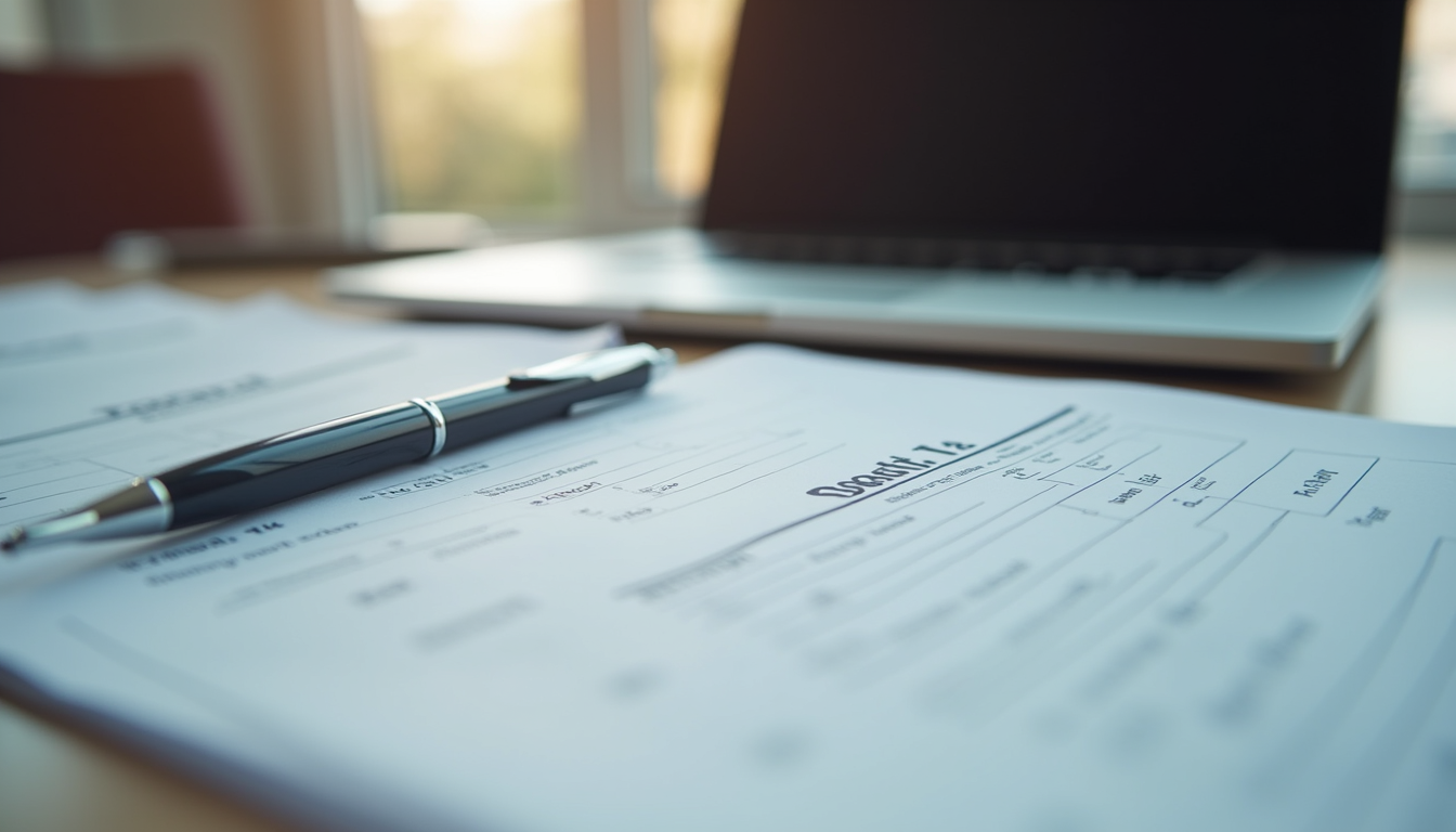 Close-up view of tax forms and a pen on a desk