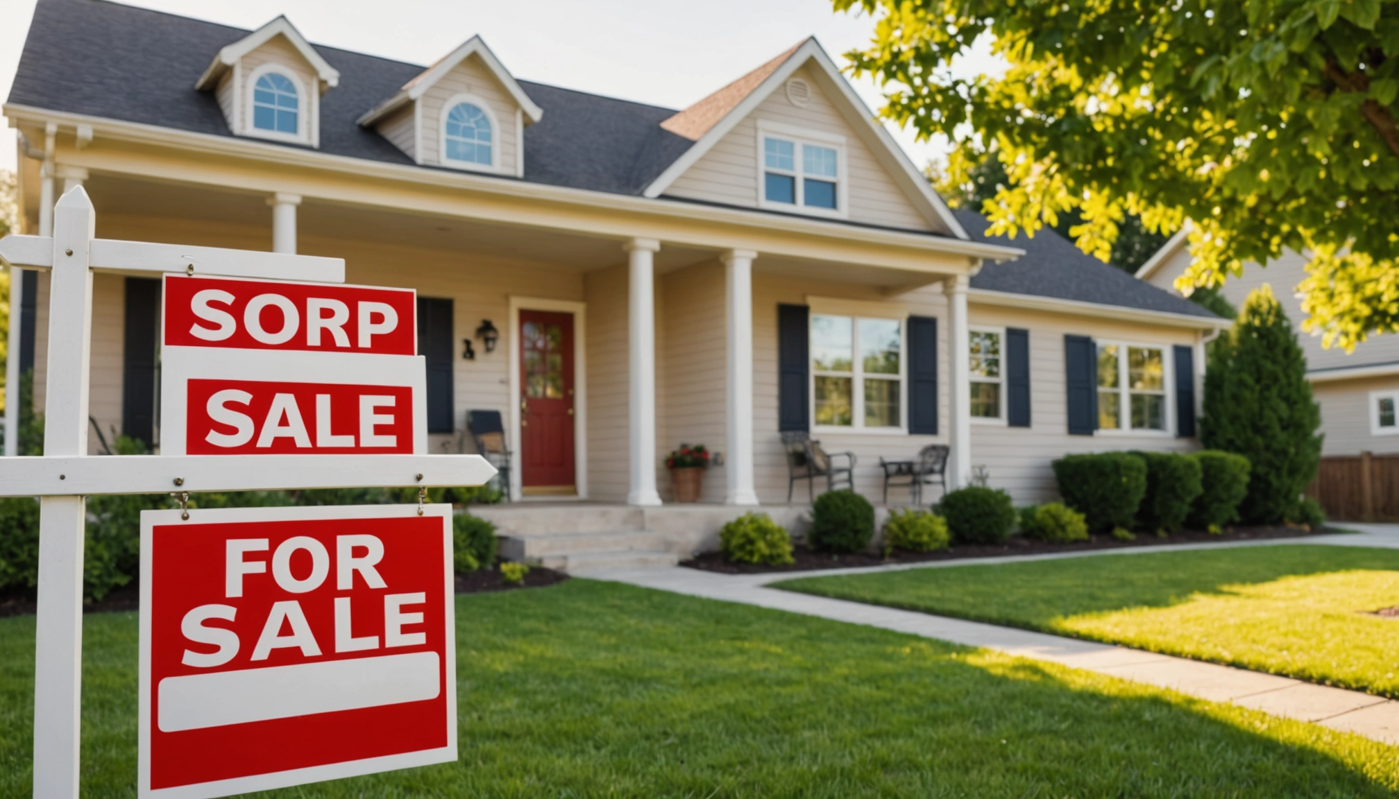 Eye-level view of a home with a "For Sale" sign in the yard