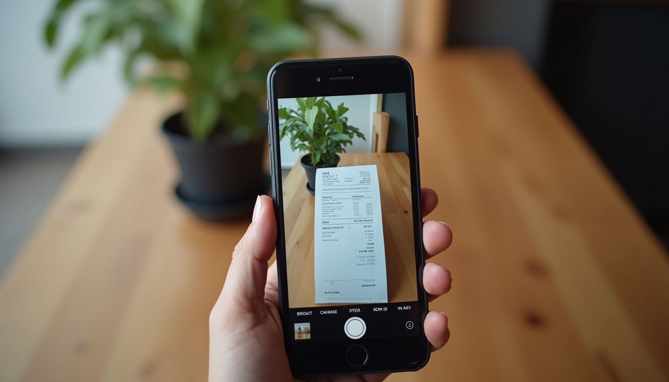 Eye-level view of a smartphone scanning a receipt on a wooden table