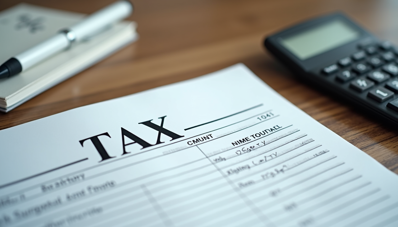 Eye-level view of a tax form with a pen and calculator on a wooden desk