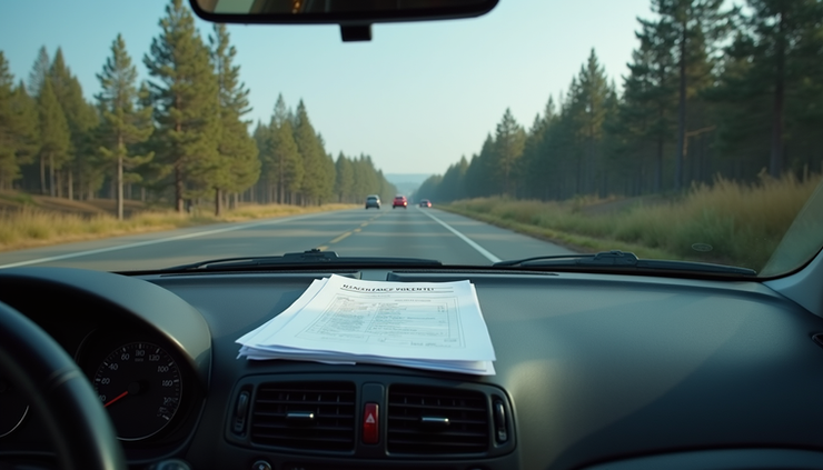 Eye-level view of a car accident scene with a damaged vehicle and insurance documents on the dashboard