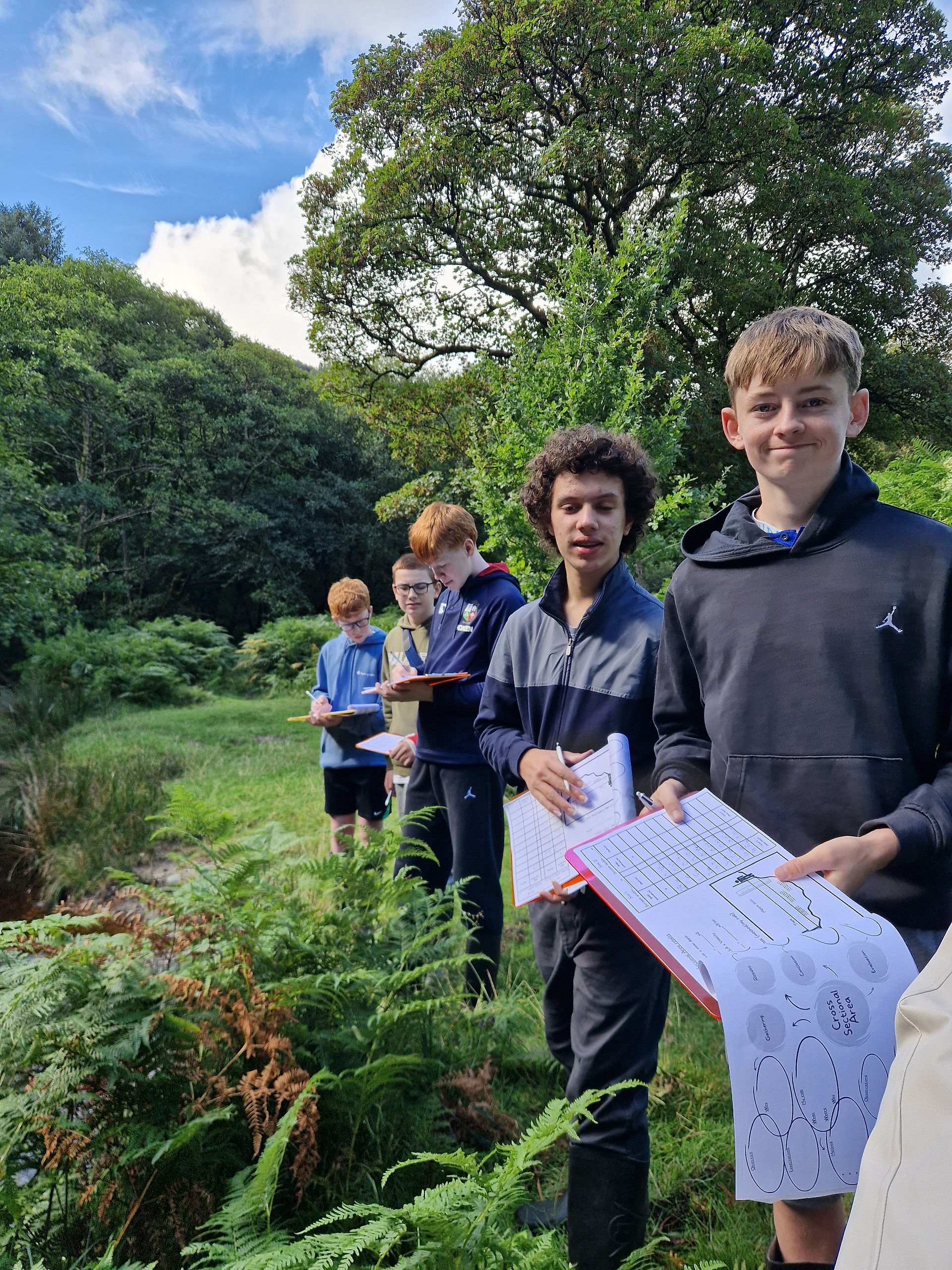Students measuring river channel for CBA2 geography field study at hydroelectric dam Ireland