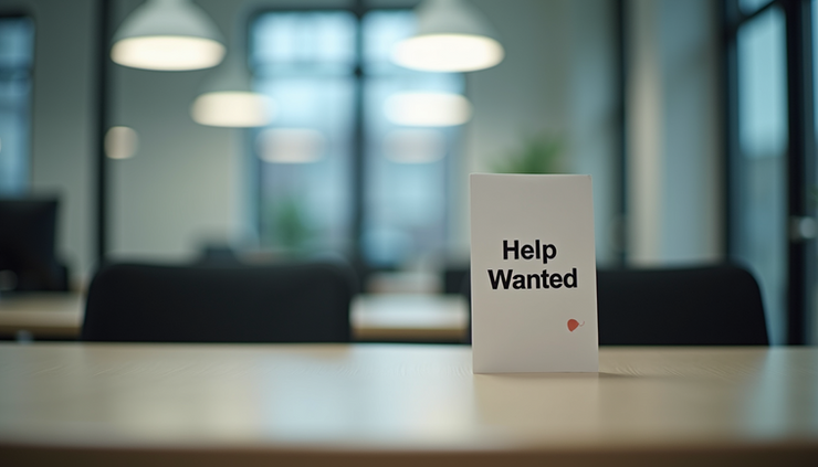 Eye-level view of a small business office with empty desks and a "Help Wanted" sign