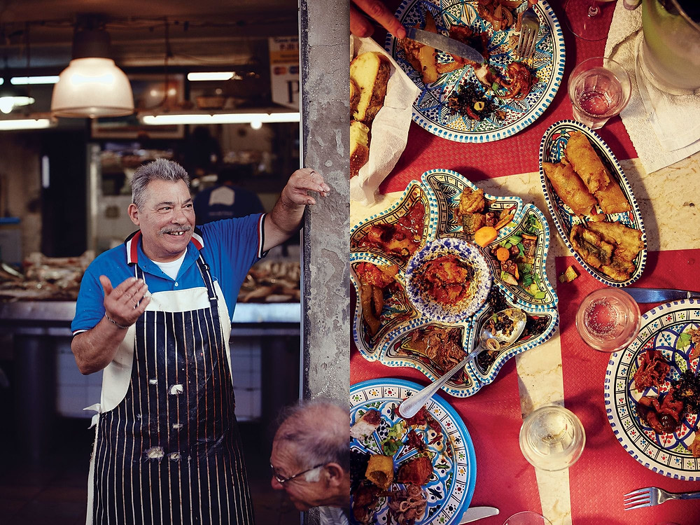 Left: A fishmonger in Ortigia. Right: The anti-pasto misto platter at Hostaria San Pietro. All photos by William Hereford.