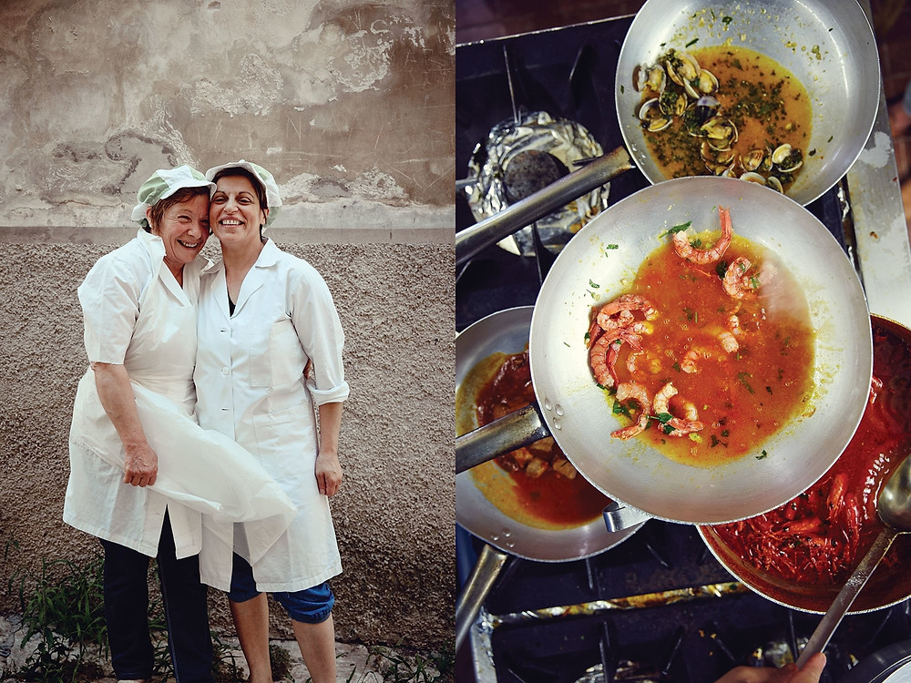 Left: The bakers at Giummarra in Ragusa, home of the epically delicious scaccia, a bread-lasagna hybrid. Right: Cooking seafood in the kitchen of Hostaria San Pietro in Trapani.