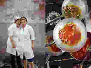 Left: The bakers at Giummarra in Ragusa, home of the epically delicious scaccia, a bread-lasagna hybrid. Right: Cooking seafood in the kitchen of Hostaria San Pietro in Trapani.