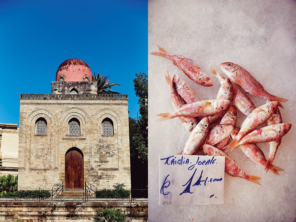 Left: Arab influence in visible all over Sicily, as in the Chiesa di San Cataldo, a Catholic church in Palermo with Arab-Norman architectural roots. Right: Local red mullet for sale at a Palermo market.