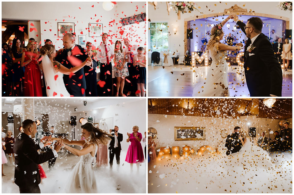 a-collage-with-four-photos-showing-wedding-couple-dancing-their-first-dance-while-confetti-is-thrown-at-them