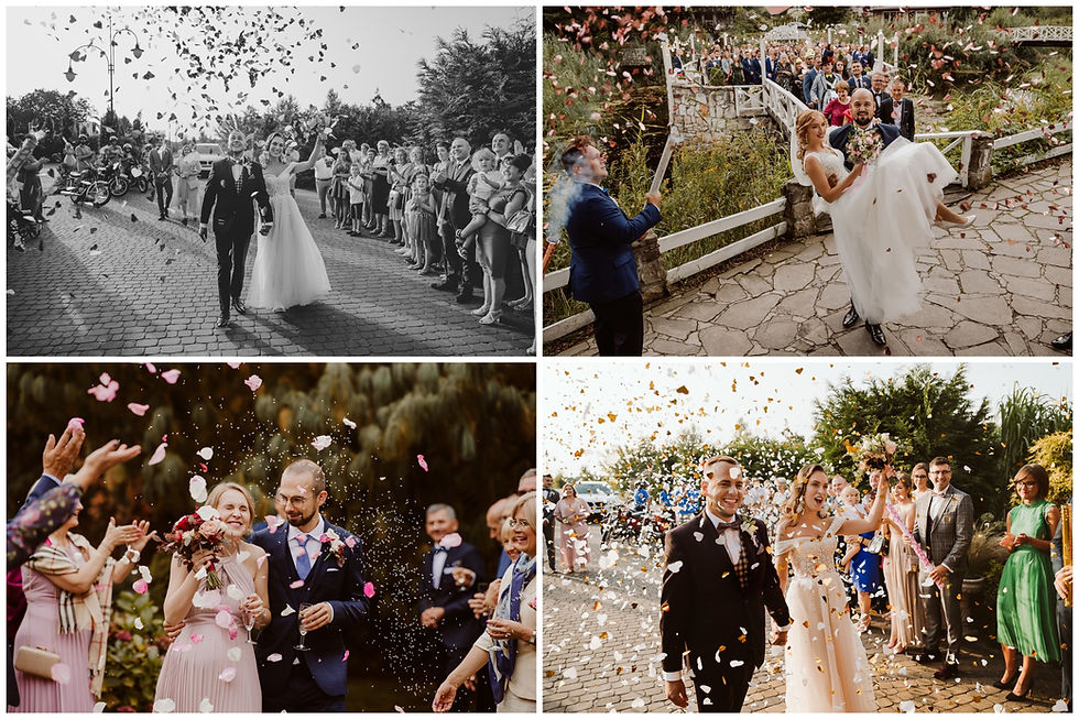 a-collage-of-four-photos-showing-wedding-couples-entering-their-reception-venues-while-confetti-is-thrown-at-them