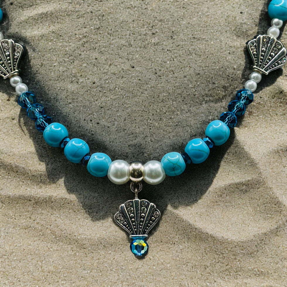Thumbnail: Aria Blue Beaded Necklace with Shell, Turquoise