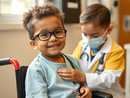 Child giving a medical examination to another child in a wheelchair, smiling and wearing glasses