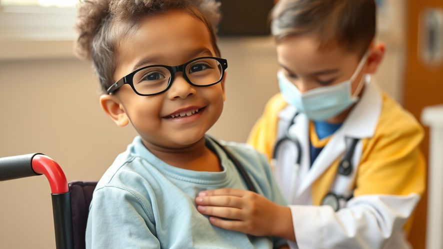 Child giving a medical examination to another child in a wheelchair, smiling and wearing glasses