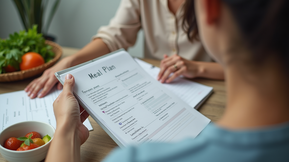 Close-up view of a nutrition counselor discussing meal plans with a client