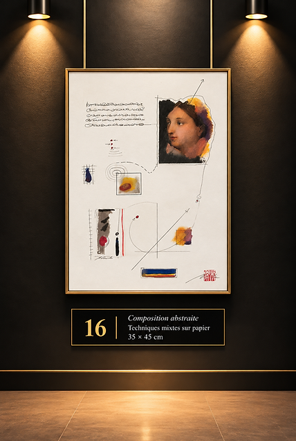 Jacques Blancher, « Composition abstraite », techniques mixtes sur papier, 35 × 45 cm. Composition sur fond blanc mêlant un portrait féminin, des écritures, des tracés géométriques et des touches colorées.