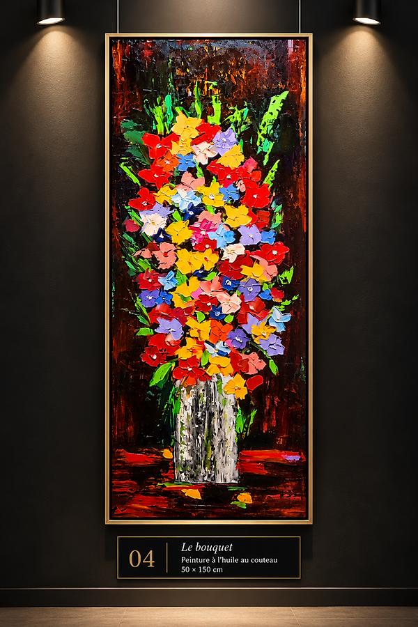 Daniel Cosset, « Le bouquet », peinture à l’huile au couteau, 50 × 150 cm. Grand bouquet de fleurs rouges, jaunes, roses, bleues et violettes dans un vase clair, sur un fond sombre.