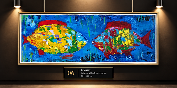 Daniel Cosset, « Le baiser », peinture à l’huile au couteau, 40 × 120 cm. Deux poissons multicolores face à face, leurs museaux presque en contact, sur un fond bleu vif.