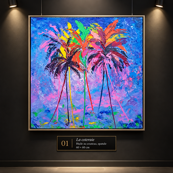 Daniel Cosset, « La coteraie », huile au couteau et à la spatule, 60 × 60 cm. Peinture représentant des palmiers stylisés aux feuillages roses, rouges, verts et jaunes sur un fond bleu et violet.