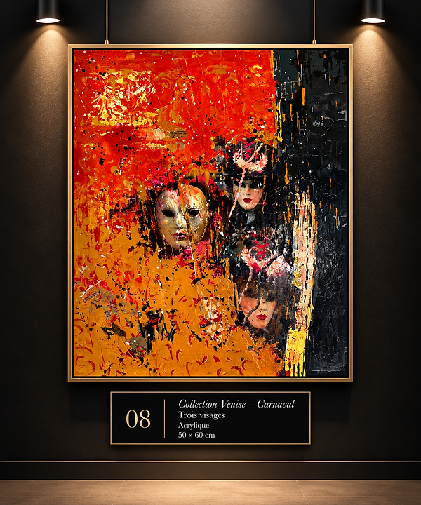 Gérard Cases, « Trois visages », collection Venise – Carnaval, acrylique, 50 × 60 cm. Trois visages de carnaval émergent d’une composition abstraite aux couleurs rouge, orange, jaune et noir.