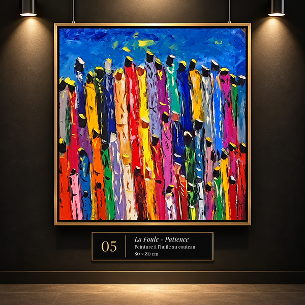 Daniel Cosset, « La Foule – Patience », peinture à l’huile au couteau, 80 × 80 cm. Nombreuses silhouettes allongées aux couleurs vives, rouges, jaunes, vertes, bleues et roses, réunies sur un fond bleu.