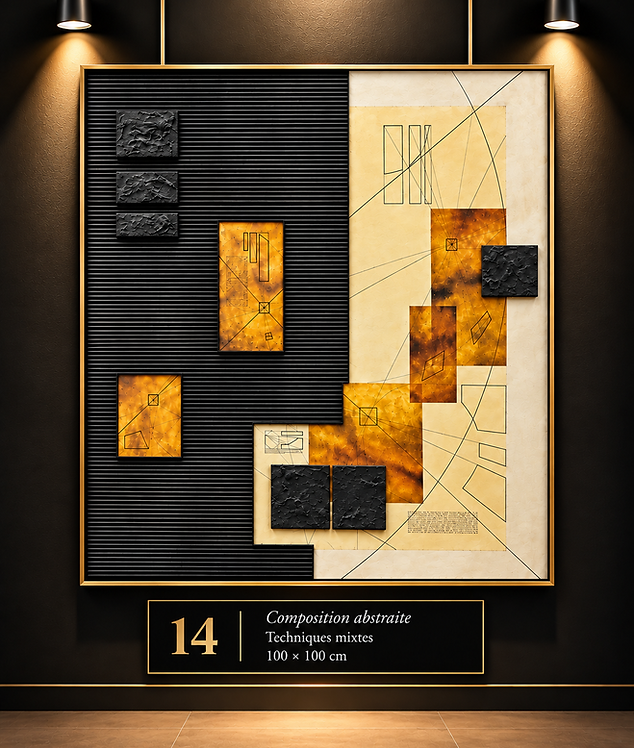 Jacques Blancher, « Composition abstraite », techniques mixtes, 100 × 100 cm. Composition géométrique noire et crème, ponctuée de rectangles orangés, de reliefs noirs et de fines lignes entrecroisées.
