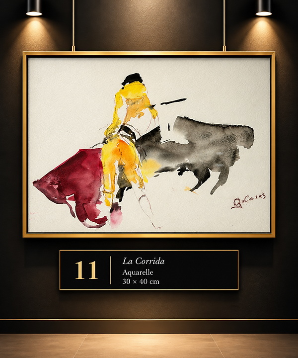 Gérard Cases, « La Corrida », aquarelle, 30 × 40 cm. Scène de corrida stylisée représentant un torero vêtu de jaune face à un taureau gris, avec une cape rouge sur fond blanc.