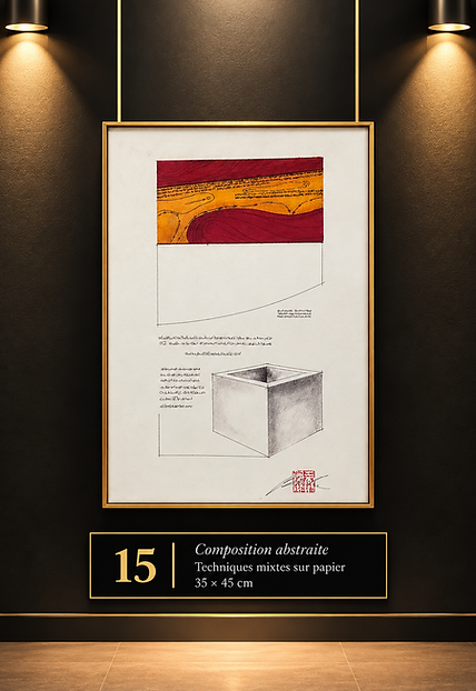 Jacques Blancher, « Composition abstraite », techniques mixtes sur papier, 35 × 45 cm. Œuvre sur fond blanc associant une bande rouge et orangée, des écritures manuscrites et le dessin géométrique d’un cube.
