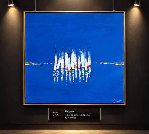 Daniel Cosset, « Régate », huile au couteau et à la spatule, 80 × 80 cm. Voiliers aux voiles blanches regroupés sur une mer d’un bleu intense, avec leurs reflets dans l’eau.