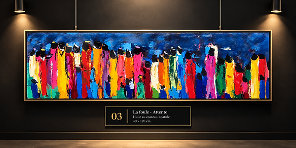 Daniel Cosset, « La foule – Attente », huile au couteau et à la spatule, 40 × 120 cm. Composition panoramique représentant une foule de silhouettes verticales multicolores, sur un fond bleu sombre.