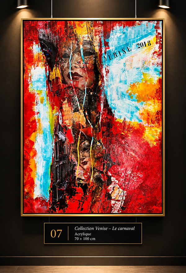 Gérard Cases, « Collection Venise – Le carnaval », acrylique, 70 × 100 cm. Composition colorée mêlant des visages masqués du carnaval vénitien, des bâtiments et des touches rouges, jaunes et turquoise.