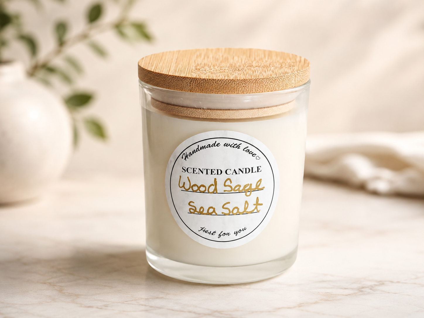 Wood Sage & Sea Salt 8oz clear jar candle with cork lid