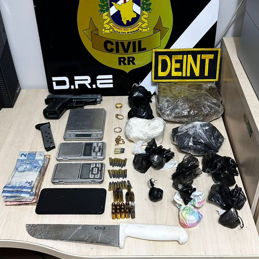 Suspeito foi preso com armas, drogas e dinheiro. Foto: ascom/PCRR