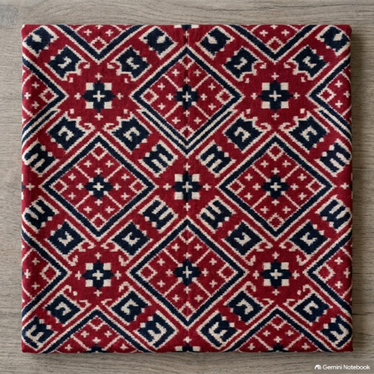 Close-up of authentic Telia Rumal Double Ikat weaving showing intricate red, black and white geometric diamond patterns and traditional handwoven motifs.