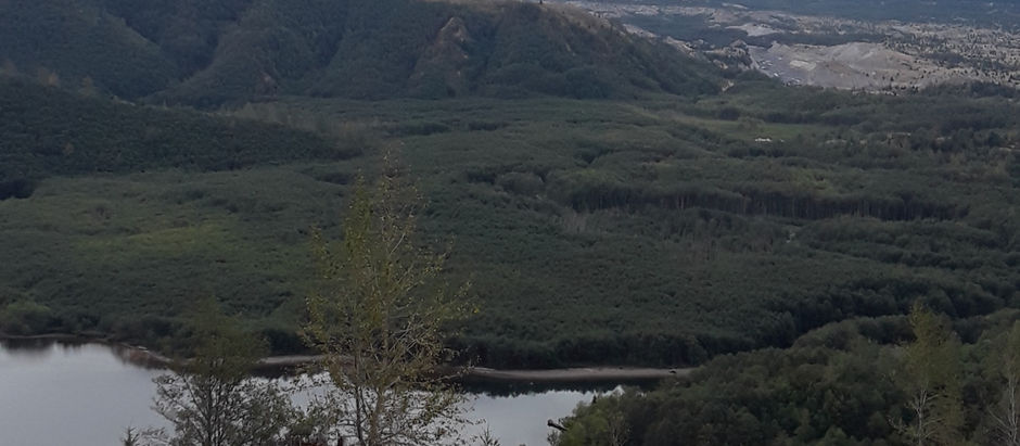 A view of a forested valley with a lake in front left corner of the photo. This picture was taken near Mount Saint Helens on a gray, cloudy day.