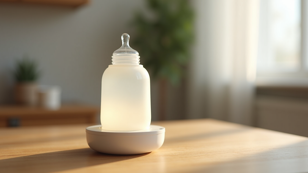 Close-up view of a compact baby bottle warmer on a wooden table